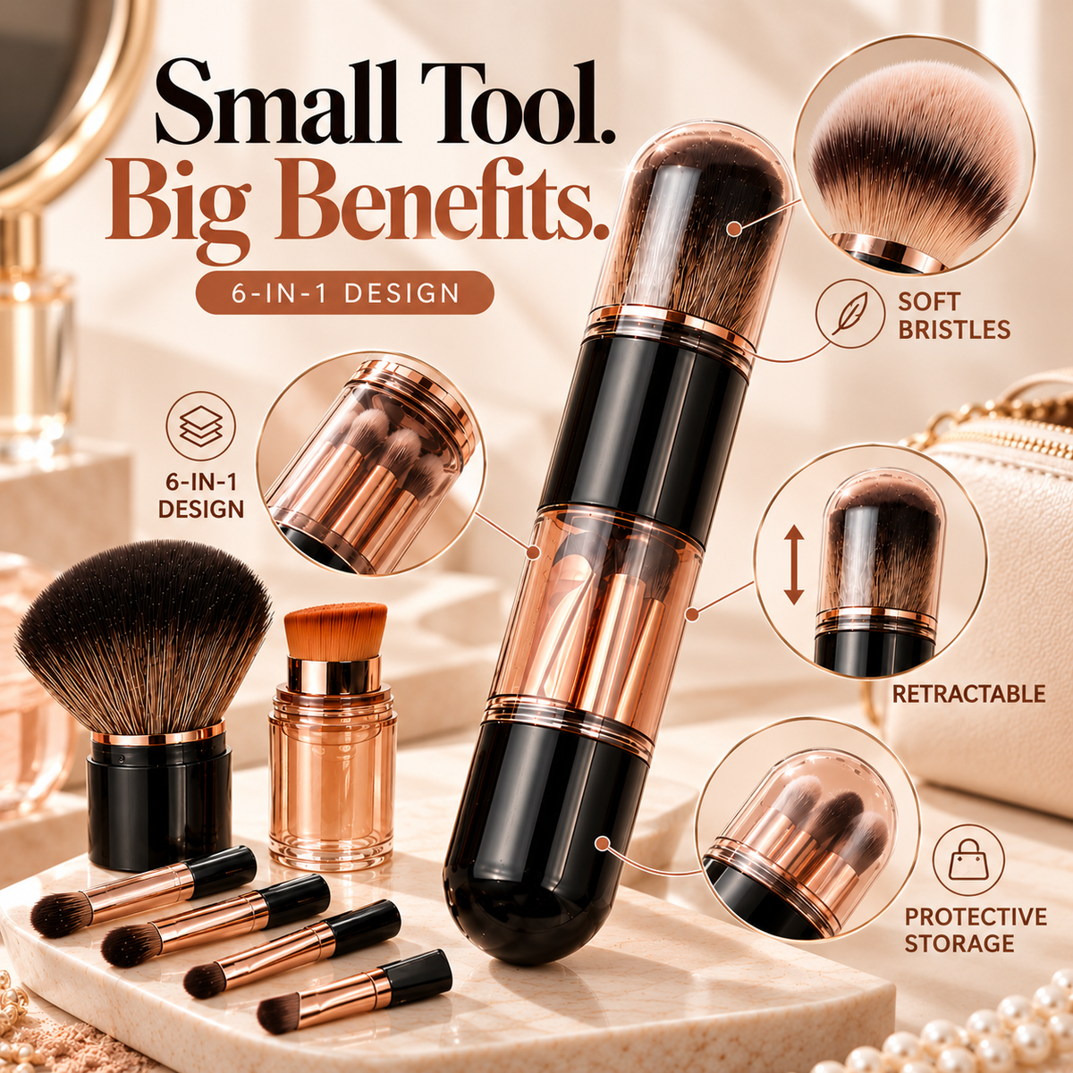 Close-up features of the retractable 6-in-1 makeup brush capsule