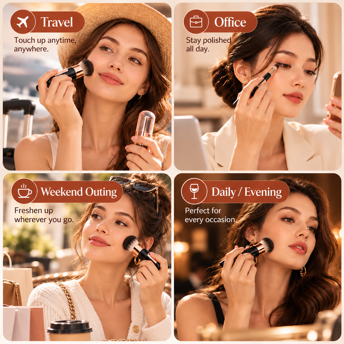 Women using the compact makeup brush for travel office and evening touch-ups