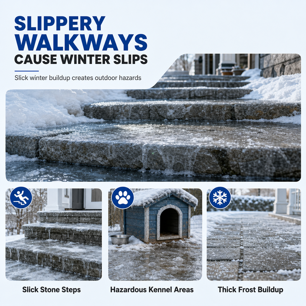 Icy outdoor steps and kennel approach areas