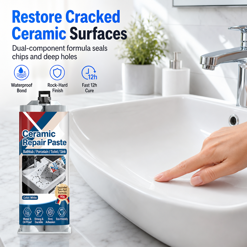 Waterproof ceramic repair paste beside a white bathroom sink