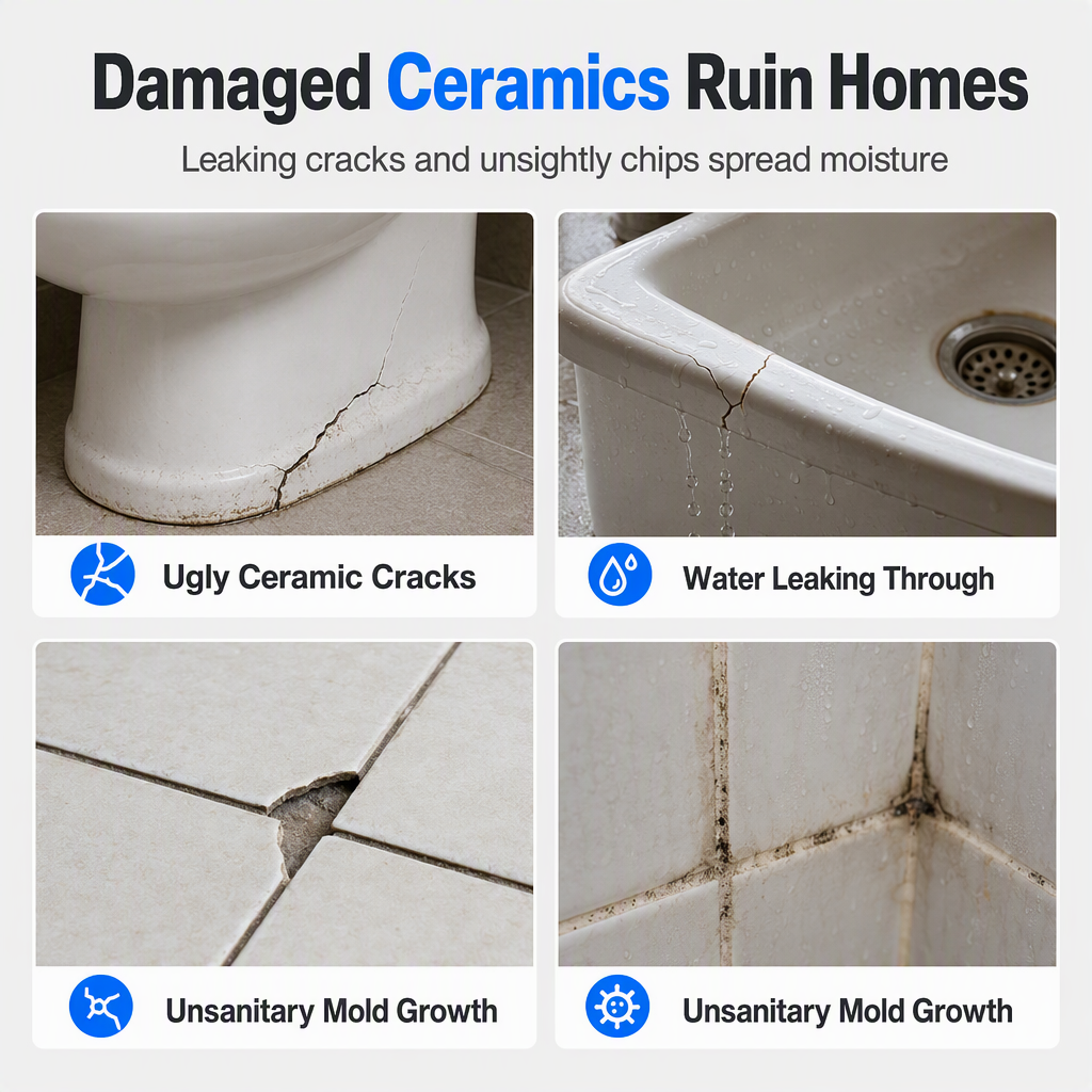 Examples of cracked ceramic sink tile and toilet damage