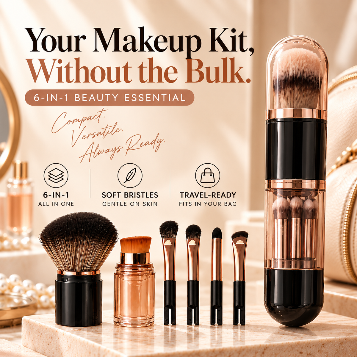 Portable retractable 6-in-1 makeup brush set with nested brush heads