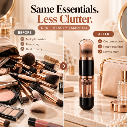 Loose makeup brushes compared with one compact 6-in-1 brush capsule