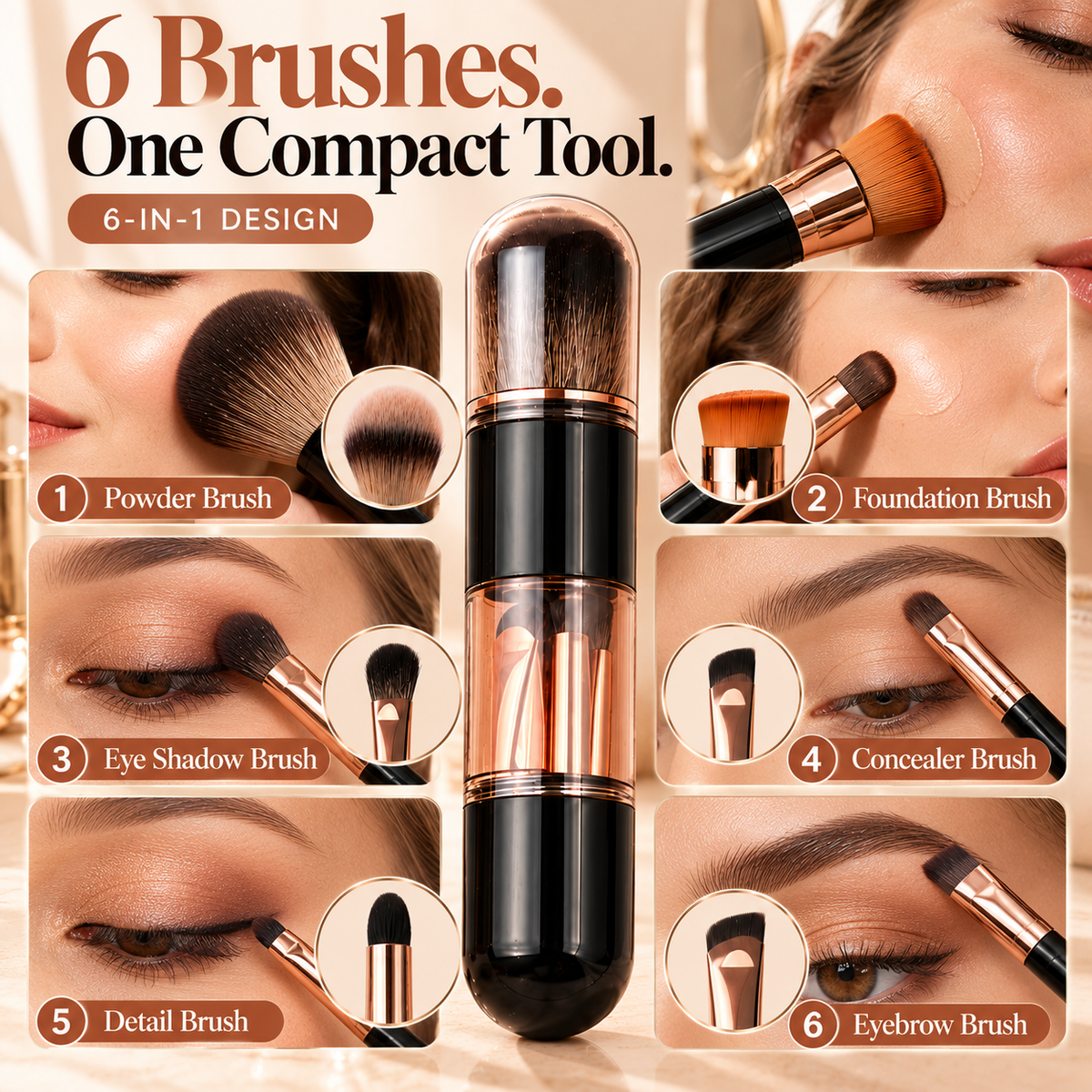 Six makeup brushes shown for powder foundation eyes and detail work