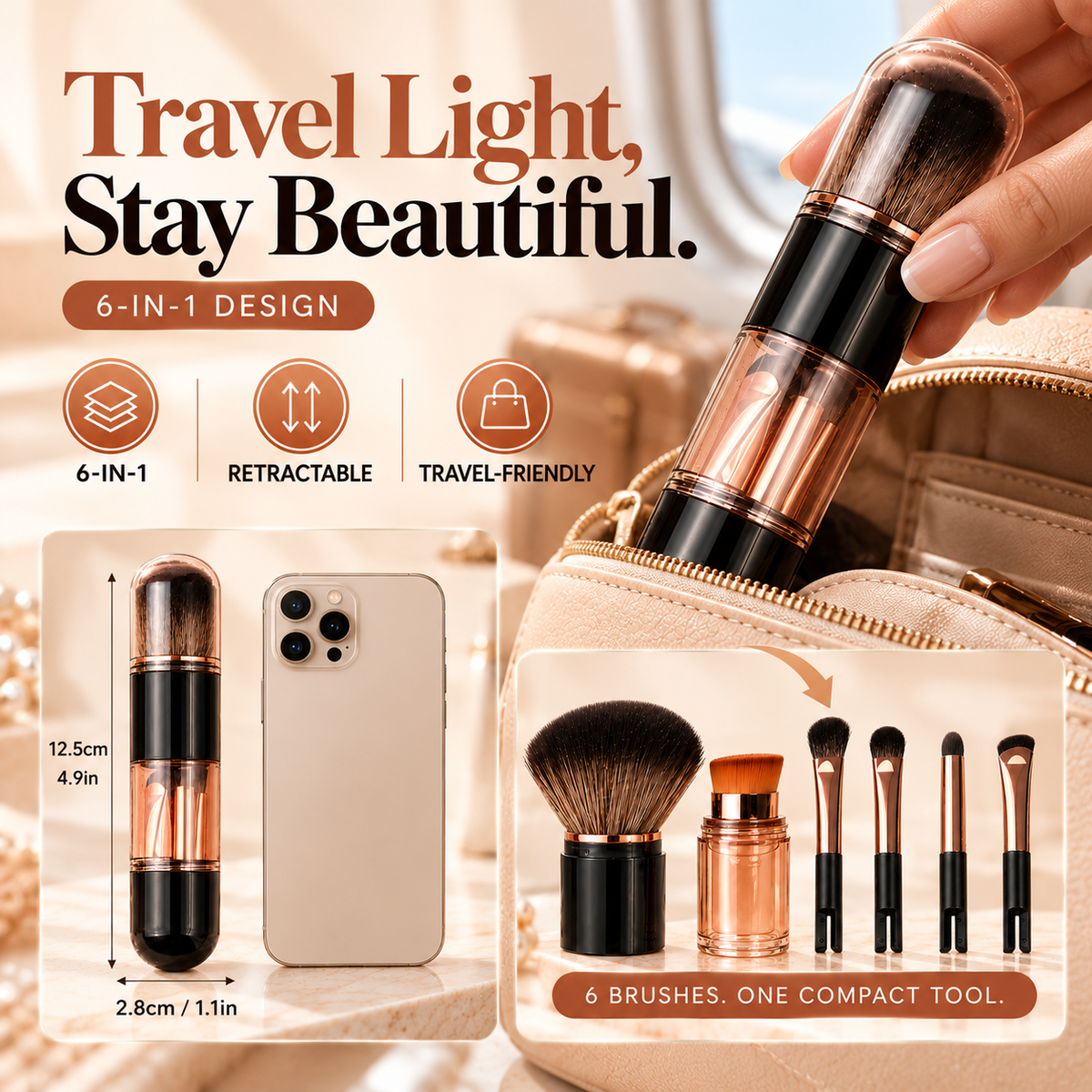 Portable 6-in-1 makeup brush capsule beside a phone and cosmetic bag