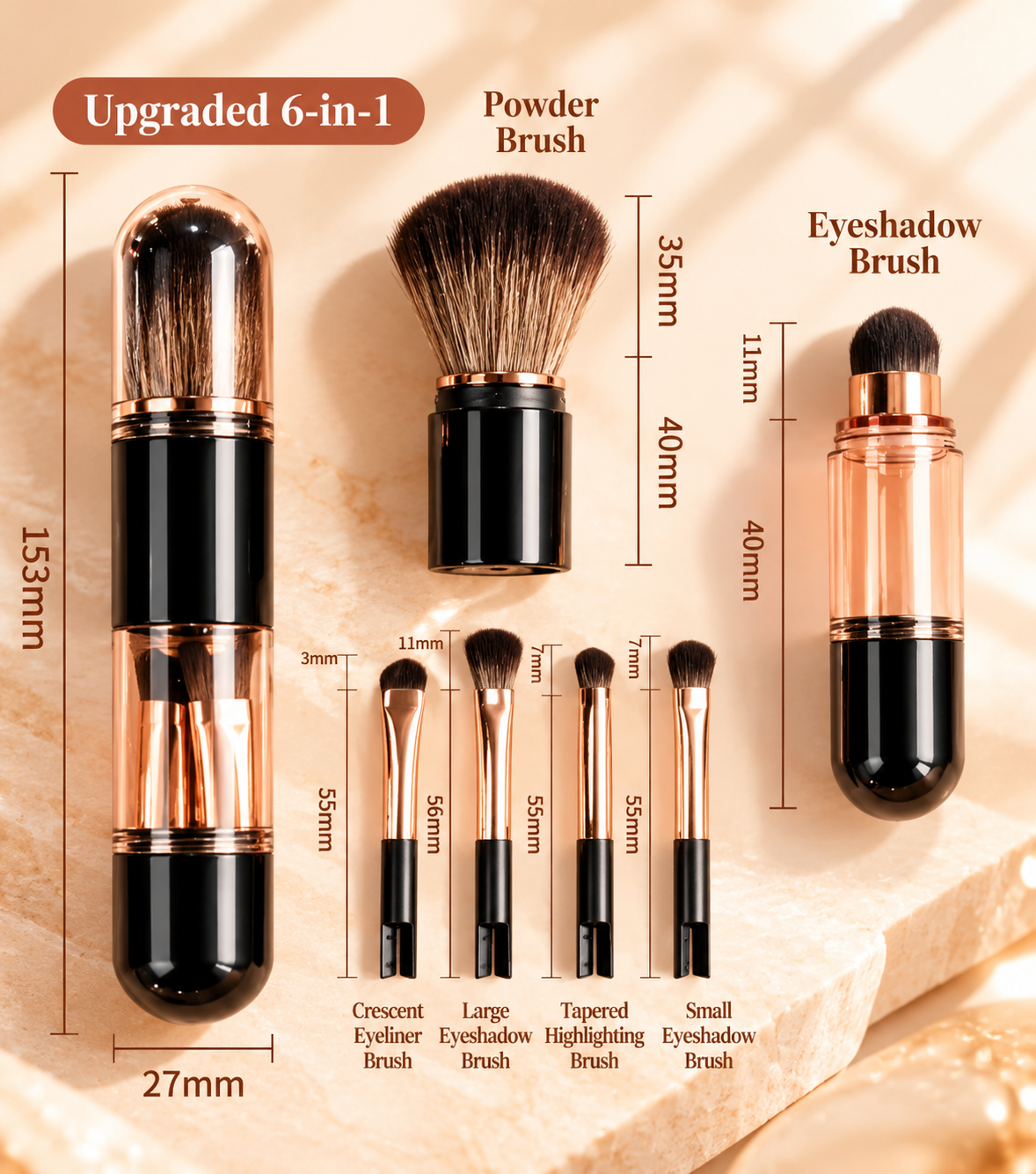 Dimensions and brush-head types for the upgraded 6-in-1 makeup brush set