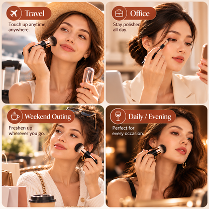 Women using the compact makeup brush for travel office and evening touch-ups