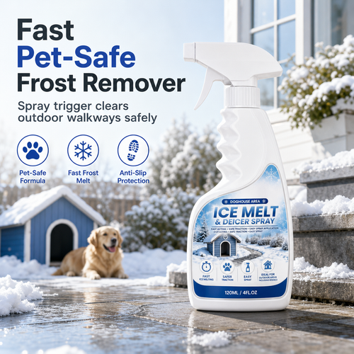 Outdoor de-icing spray beside a cleared winter walkway