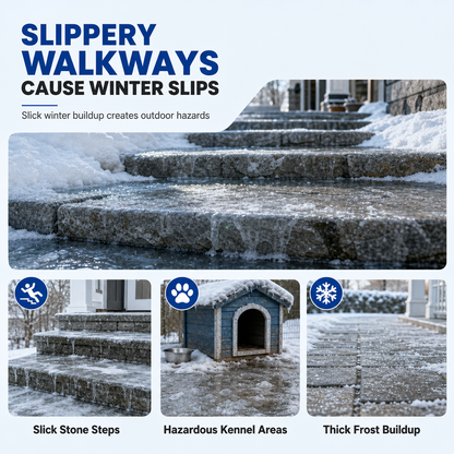 Icy outdoor steps and kennel approach areas