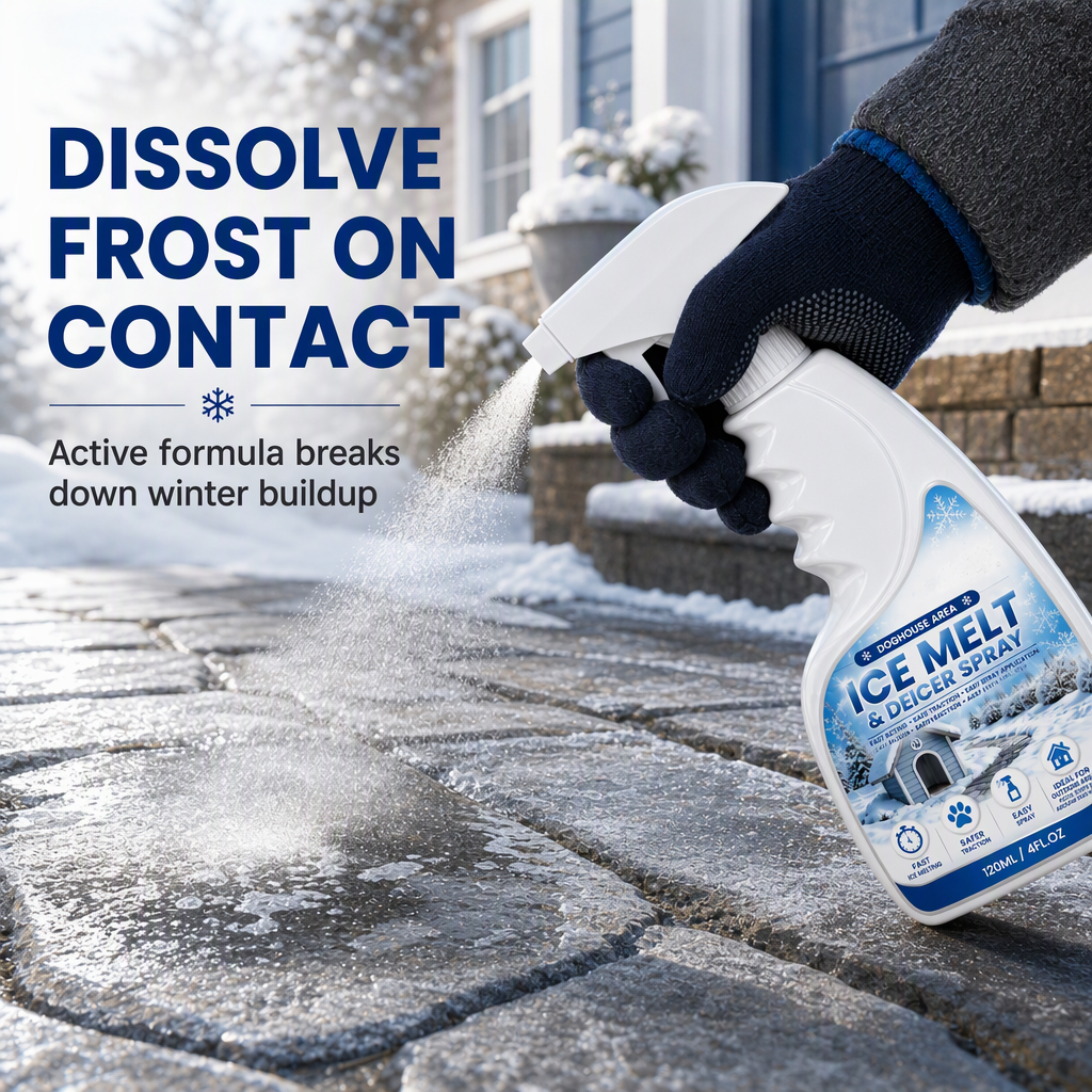 De-icing spray applied to frost on outdoor paving